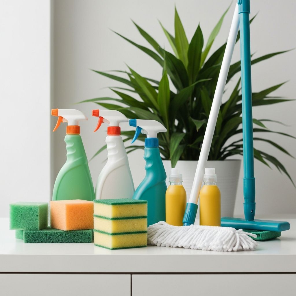Eco-friendly cleaning products and equipment arranged professionally